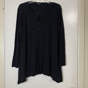 NWOT Eileen Fisher black vneck long sleeve button front drape silk blouse large